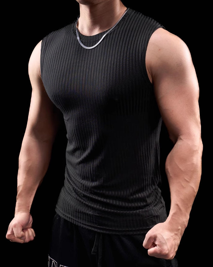 High Stretch Ribbed Stripe Crew Neck Vest